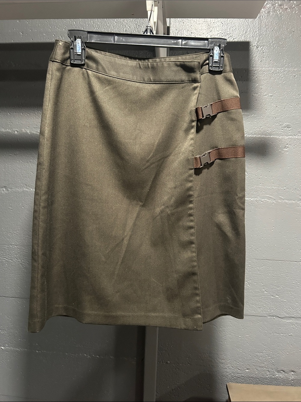 Sisley Olive Green Pencil Skirt with Brown Buckle Straps